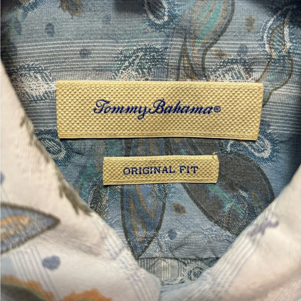 Tommy Bahama Blue Tropical Short Sleeve Silk Original Fit Shirt Men Size Large